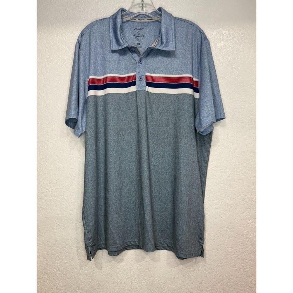 Flag & Anthem Mens Polo Shirt L Madeflex Light Blue Gray Striped 394